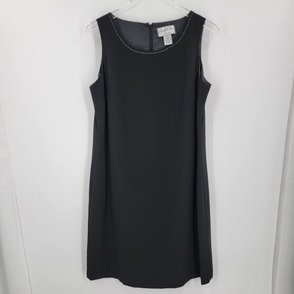 Mary McFadden Dress Womens 12 Black Sheath Lined White Stitch Neckline - Picture 5 of 14